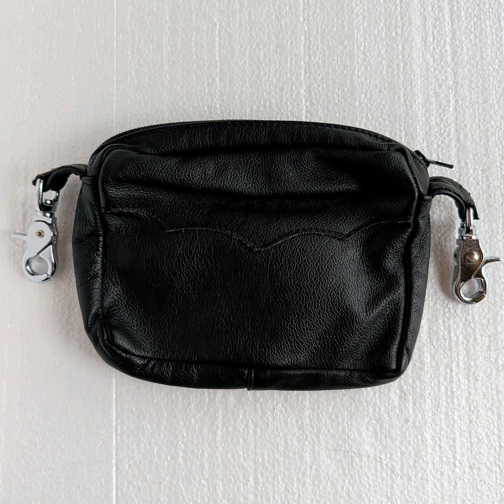 On The Fringe Leather Belt Bag Black Hip Clip Biker Utility Pouch 7" Handmade